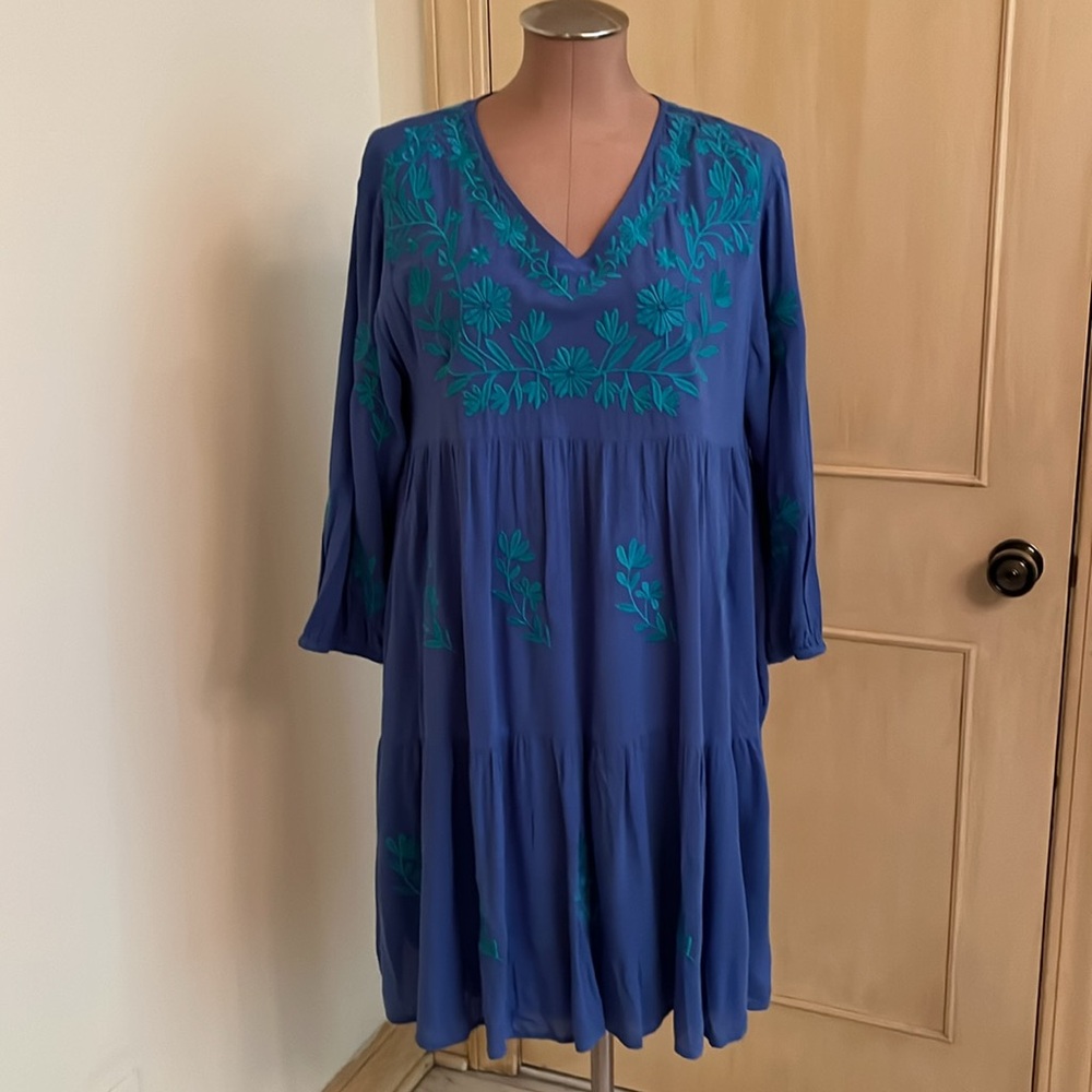 J. MARIE "The Madeline" Cottage Boho Floral Embroidery V-Neck Tiered Dress SZ L